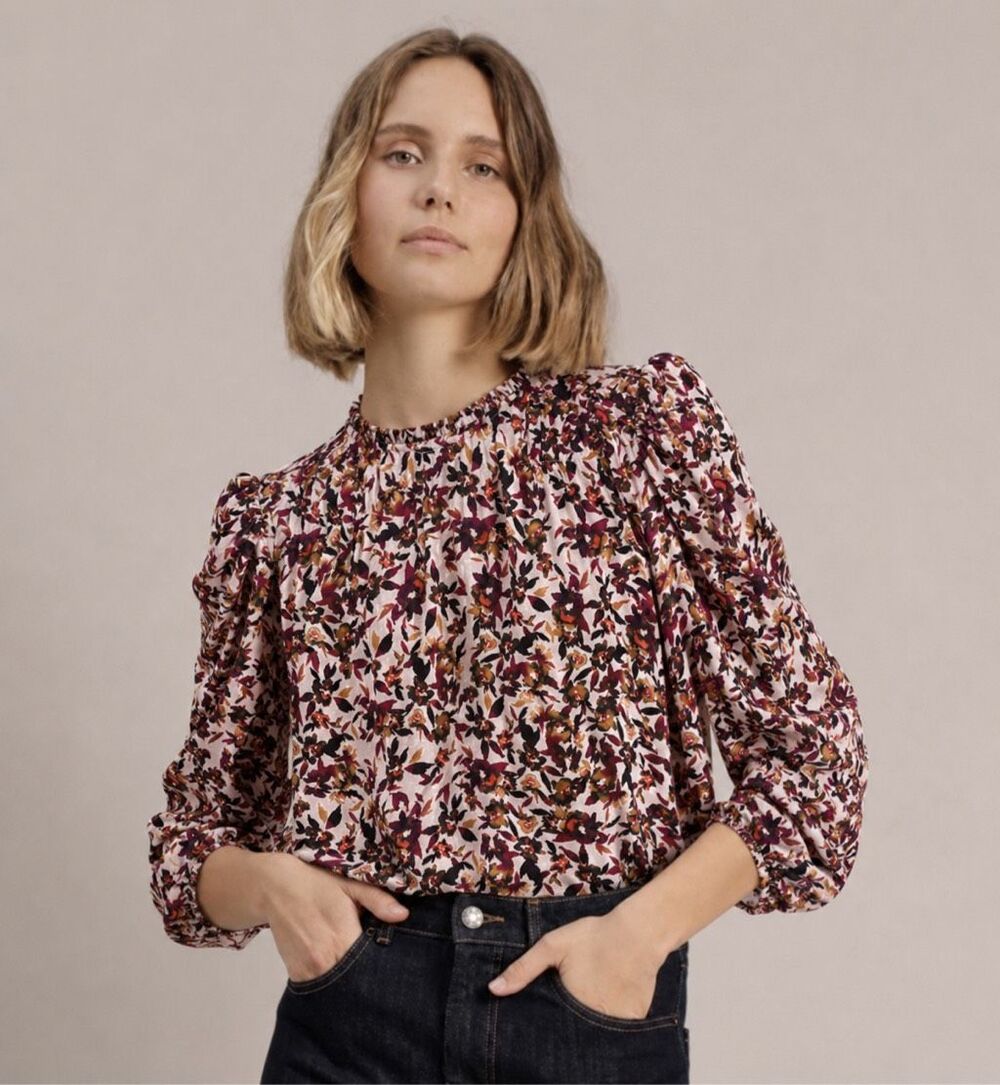 NWOT Munthe Blush Multicolor Floral Ruched Puff Sleeve Blouse, designer blouse,